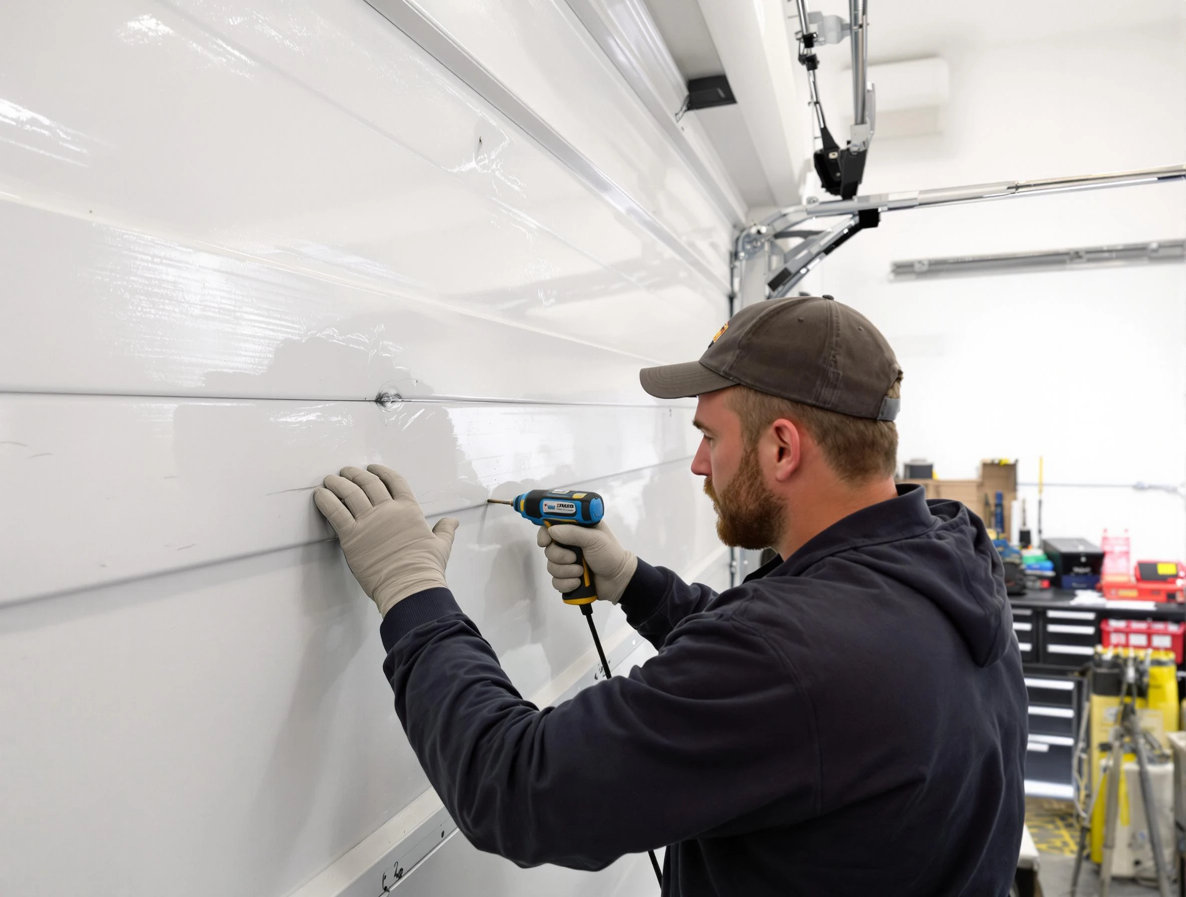 Castle Pines Village Garage Door Repair technician demonstrating precision dent removal techniques on a Castle Pines Village garage door